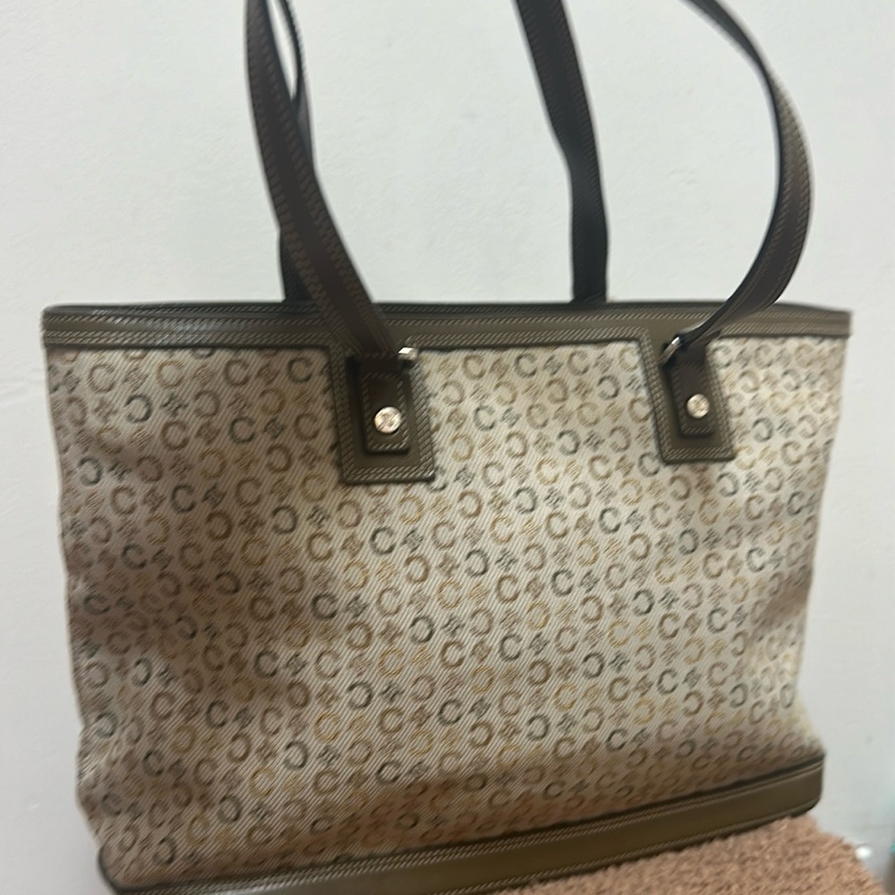 Celine Macadam Leather & Canvas Vintage C Print Brown Cream Tan Silver Hardware